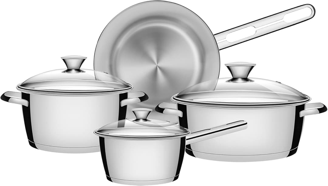 Tramontina 4-pc Stainless Steel Cookware Set | Dishwasher-Safe Pans with Glass Lids | Induction-Ready | Saucepan, Frying Pan and Casseroles