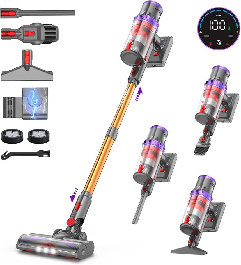 coovy SU7 Aspirateur Balai sans Fil 580W/55Kpa/75Mins, Aspirateur Puissant, Détection Poussière, Écrans Tactiles LED, Brosse Anti-Emmêlement Vacuum Cleaner pour Sols Durs Tapis Voiture - 1