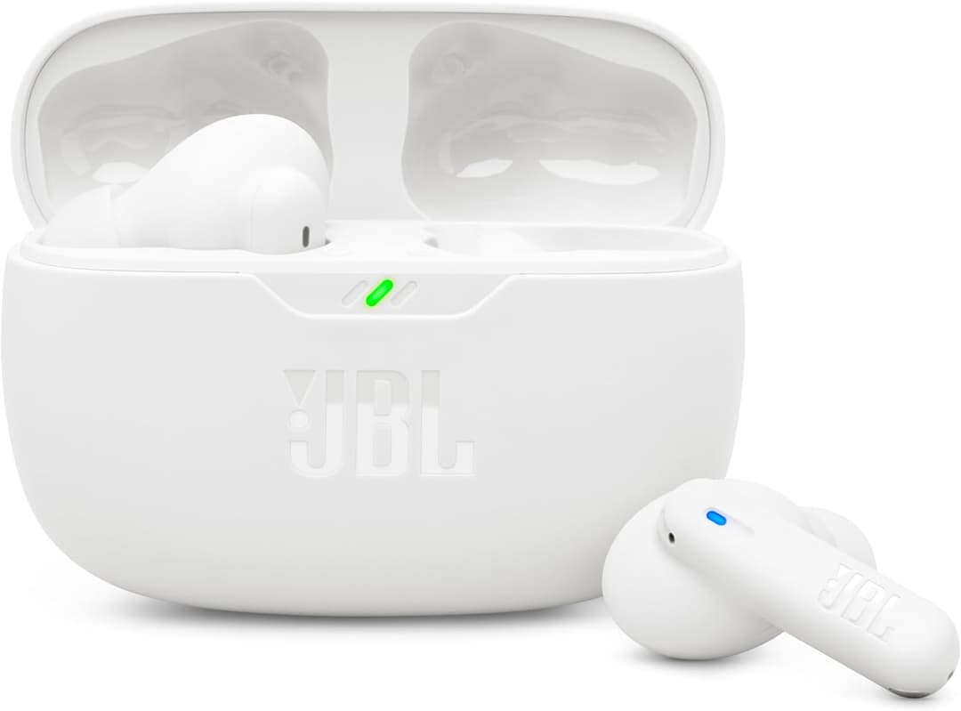 JBL Wave Beam 2, Écouteurs sans Fil Bluetooth, réduction de Bruit, 40 Heures d'autonomie, Son JBL Pure Bass, Technologie Smart Ambient et Connexion multipoint, Conception Intra sur Tige, Blanc