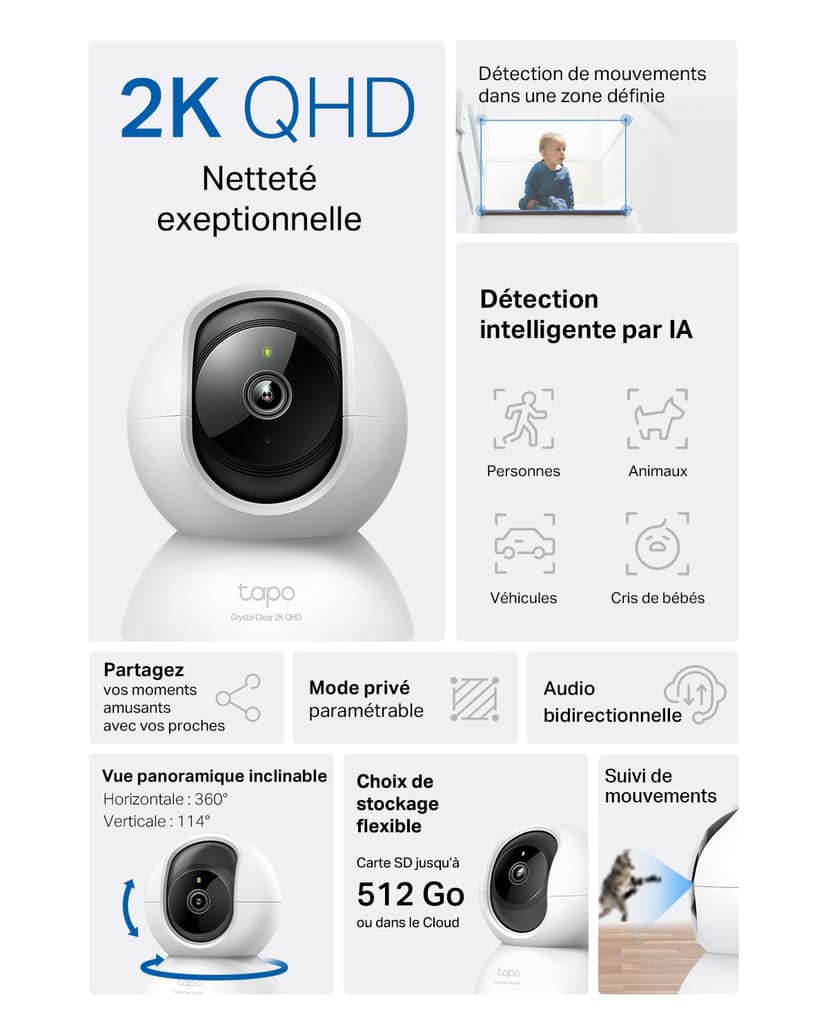 Tapo 2.5K(4MP) Caméra de Surveillance WiFi intérieure 360°, Détection Humaine AI Suivi Intelligent, Sirène et détection de Mouvement, Audio bidirectionnel, Compatible Alexa pour Bébé/Animaux C220 - 2