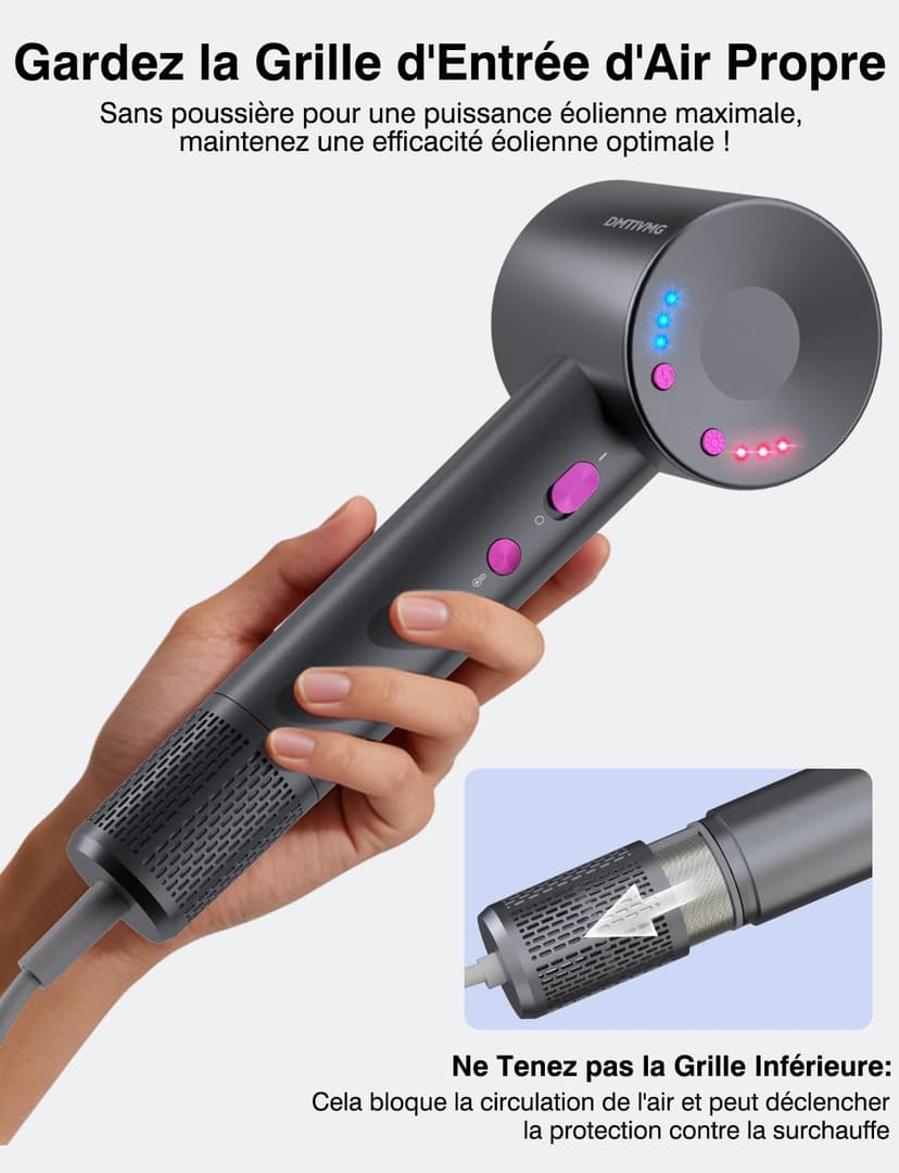 Asciugacapelli Ionico 1600W Phon Capelli Professionale 500 Milioni Ioni Negativi 50 dB 12 Modalità 4 Temperature 3 Velocità del Vento 160000 RPM Motore Senza Spazzole 2 Accessori Magnetici - 7