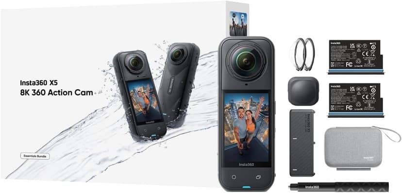Insta360 X5 Essentials Bundle – Waterproof 8K 360° Action Camera Kit, Invisible Selfie Stick, Fast Charge Case, Lens Guards & Carry Case - 1