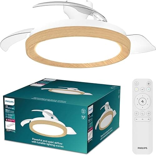 Philips Bliss Retractable-Blade Ceiling Fan with LED Light, 3 Blades, 106 cm Blade Wingspan, 4500 Lumens, Tunable White Light from 3000 K to 6500 K, Dimmable to 5%, Remote Control Included, Wood