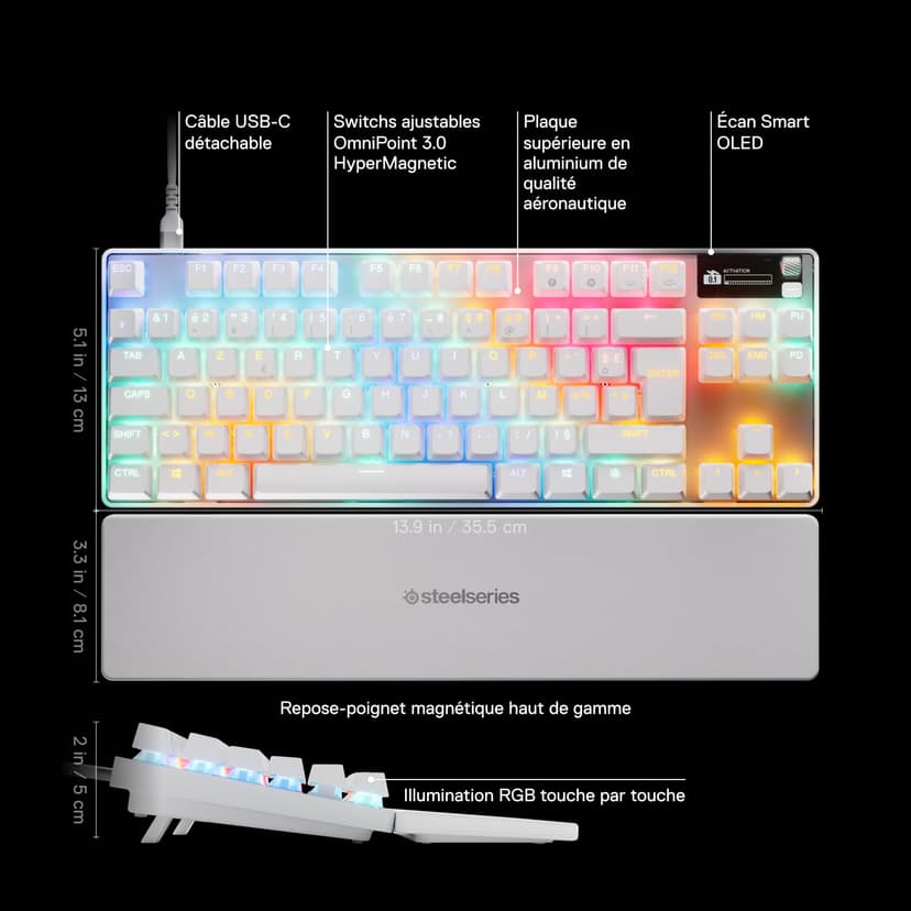 SteelSeries Apex Pro TKL Gen 3 - White Gaming Keyboard - Adjustable Hall Effect Switches; OmniPoint 3.0 - Game-Ready Presets - Rapid Trigger, Protection Mode, Rapid Tap/SOCD - French AZERTY - 3