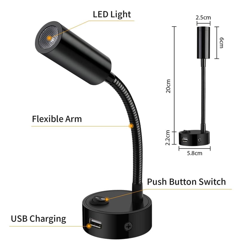 ERWEY 2pcs Lampes de Lecture LED 12V pour camping-car avec col de cygne flexible et port de charge USB 3000K blanc chaud DC 10-30V éclairage intérieur pour bateau caravane yacht, noir - 2