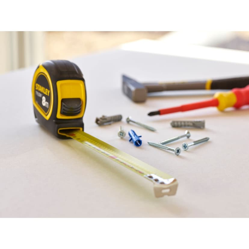 Stanley 1-30-657 - mètre Tylon Bi matière 8m x 25mm - Ruban Anti-Corrosion - Boitier Bi-matière - Blocage du Ruban - Crochet 3 Rivets - Position du Zéro Réel - Classe Ii - Crochet pour Ceinture - 2