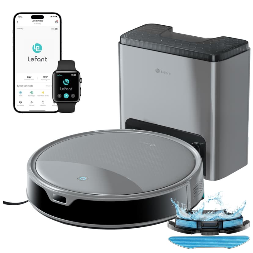 Lefant M350 Robot Aspirateur Laveur avec Station, 3 en 1, 6000Pa, Vidange Automatique, Zones Virtuelles, Navigation Laser avec Cartographie, Idéal pour Les Sols,Tapis Poils d'animaux, WiFi/Alexa/App - 1