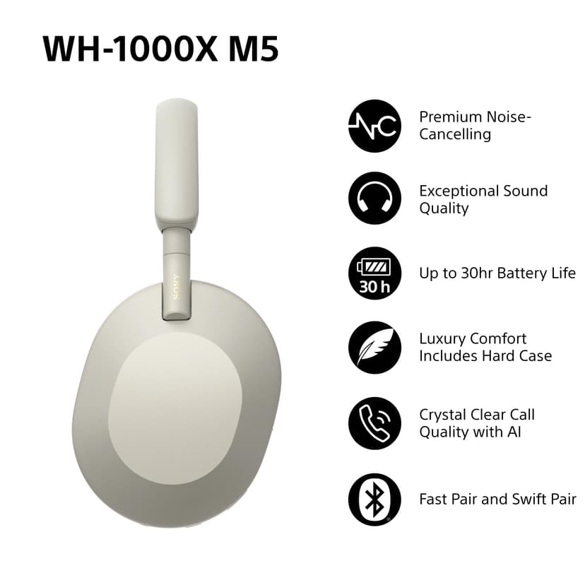 Sony WH-1000XM5 Hard Case Premium Noise Cancelling Wireless Over-Ear Headphones, Bluetooth, Clear Call Quality, Hi-Res Audio, Up to 30hr Battery Life, Includes Hard Case, iOS & Android - Silver - 2