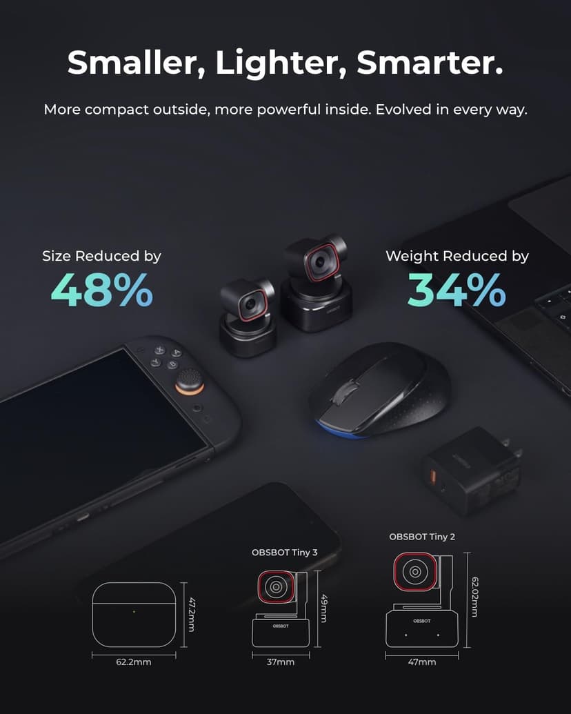 OBSBOT Tiny 3 AI-Powered Spatial Audio 4K Webcam, AI Tracking PTZ Camera with 1/1.28" Sensor, Tri-Mic, Voice & Gesture Control, 120FPS, HDR, Web Cam for PC, Laptop, Streaming, Meeting, Switch 2, etc. - 3