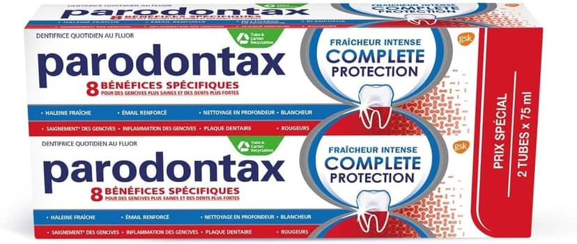 PARODONTAX - Dentifrice Complete Protection Fraîcheur Intense - Offre 8 Bénéfices Spécifiques pour des Gencives Saines & des Dents Fortes - Aide à Garder l'Haleine Fraiche - 2 x 75 ml - 1