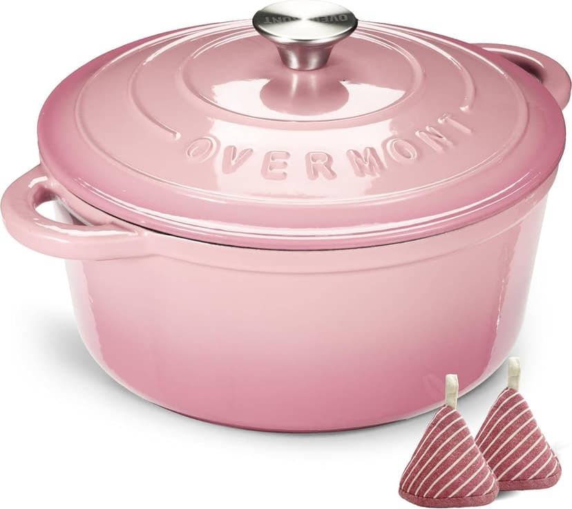 Overmont 26cm/5.2L Enamelled Cast Iron Round Casserole Pot With Lid Cookbook & Cotton Potholders - Non-stick Dutch Oven Cookware for Braising, Stews, Roasting, Bread Baking - Pink, 5.5QT - 1