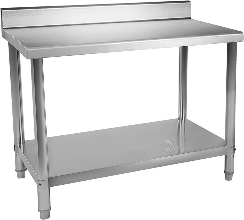 Royal Catering Table De Travail Adossée Cuisine Professionnel Préparation Confection Boucher Avec Tablette RCAT-120/60-N (120x60cm, Capacité 250 kg, Plan 150 kg + Étagère 100 kg, Dosseret 11 cm, Inox) - 1