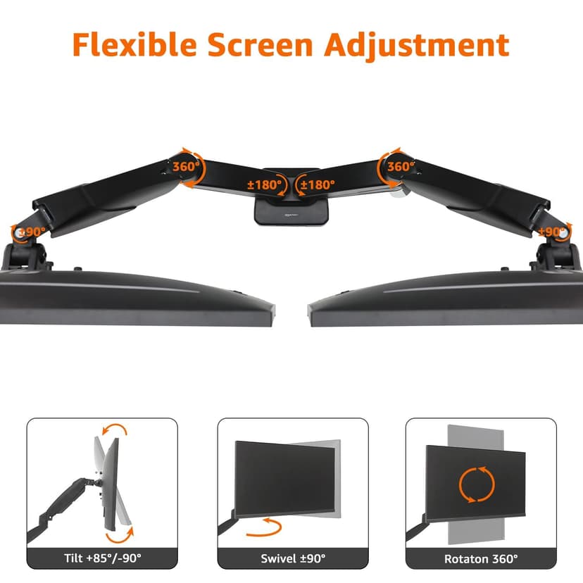 Amazon Basics Gas Spring Dual Computer Monitor Arm Mount, Adjustable, Holds Monitors up to 27 Inches (68.6 cm), Black - 4