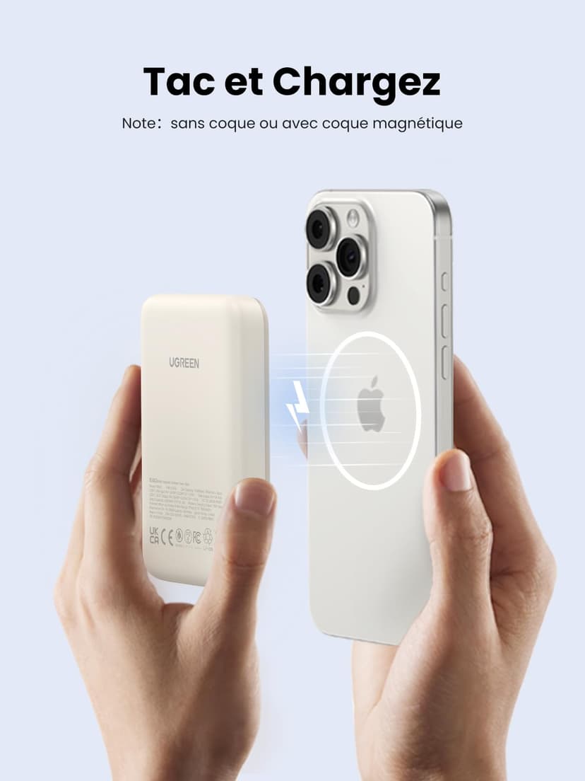 UGREEN 10000mAh Power Bank Wireless PD 20W Charging Raida, USB C Portail Magnaco, External Battery Compatible with iPhone 16/15/14 Series, Galaxy, Xiaomi, iPad, LG, Google, White - 2
