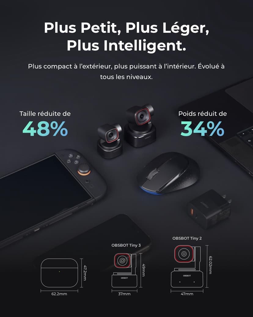 OBSBOT Tiny 3 AI-Powered Spatial Audio 4K Webcam, Caméra PTZ AI Tracking, Capteur 1/1,28", Tri-Mic, Controllo Vocale & Gestuale, 120FPS, HDR, Web cam pour PC, Portable, Streaming & Meeting, Switch 2. - 3