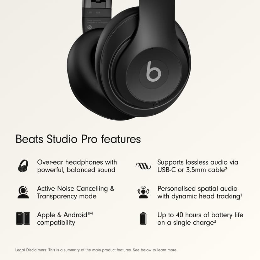 Beats Studio Pro – Wireless Bluetooth Noise Cancelling Headphones – Personalised Spatial Audio, USB-C Lossless Audio, Apple & Android Compatibility, Up to 40 Hours Battery Life – Black - 2