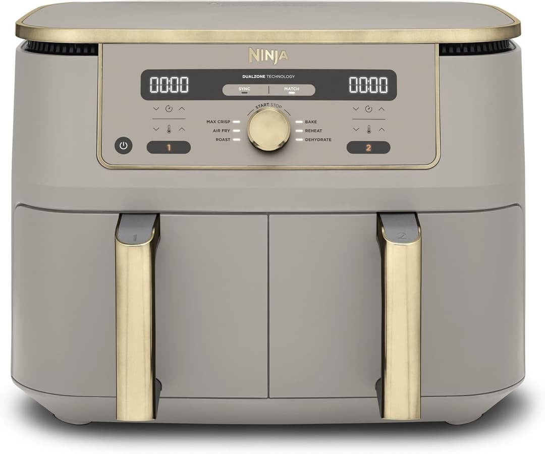 Ninja MAX Dual Zone Digital Air Fryer, 2 Drawers, 9.5L, 6-in-1, Does Not Use Oil, Air Frying, Max Crisp, Frying, Baking, Warming, Drying, Non-stick, Baskets for Dishwasher, Stone Gold, DZ400EUSTGD