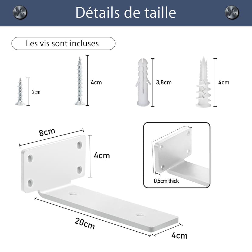 MLOQI Lot de 6 Equerre Etagere Murale, équerre Industrielle,Equerre Charge Lourde,5 mm D'épaisseur, Support Invisible étagère Murale avec Vis (Blanc 20 cm) - 2
