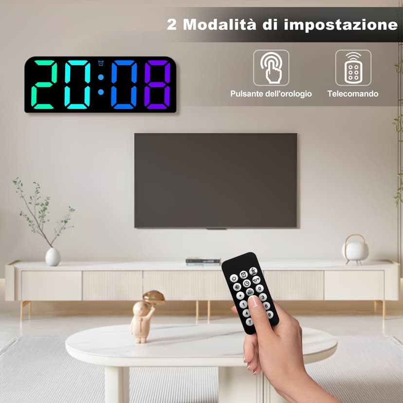 PiKaPiKaP RGB Digital Alarm Clock, 9.6 Inches Digital Wall Clock, USB Powered Alarm Clock with LED Display with Remote Control, 3 Alarm, 3 Inches Large Digit, Snooze, 12/24 Hours for Home Office - 4