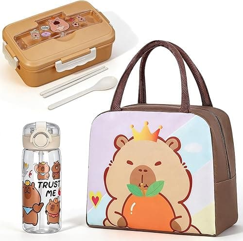 GVMJHYK Capybara Water Bottle with Bento Lunch Box, Pack of 3, Capybara Lunch Bag, Cartoon Animals Cute Water Bottle, Cartoon Lunch Box Children Suitable for Children School or Nursery (Capybara-C)
