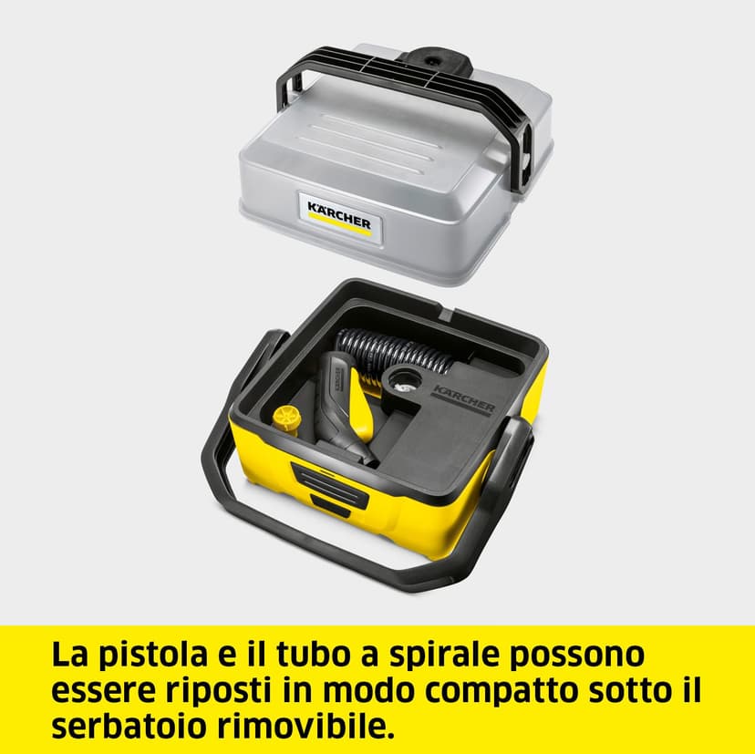 Kärcher Nettoyeur à Pression Mobile OC 3 + Kit Vélo, Débit : 2 L/h, Réservoir d'eau : 4 L, Tuyau : 2,8 m, Buse à Jet Plat, Brosse Universelle, Nettoyant, Bonnette Microfibres, Boîte de Rangement - 7
