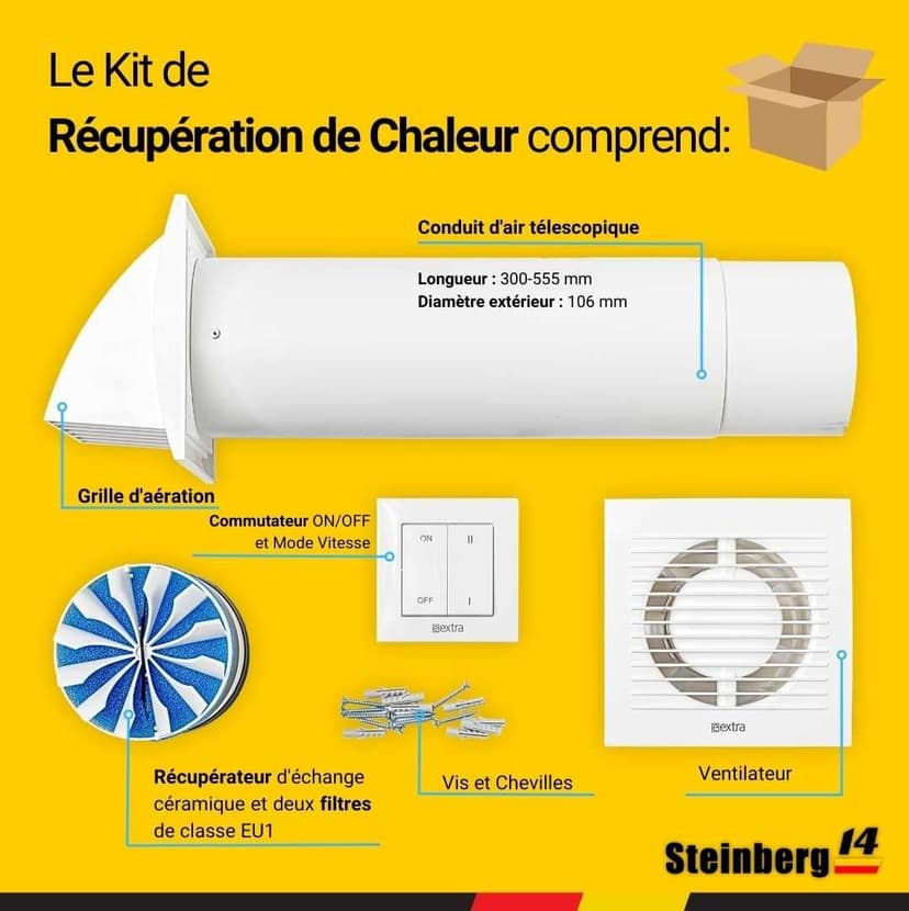 Steinberg14 Unite de VMC Décentralisée 100 mm - Blanc Récupérateur de Chaleur avec Interrupteur - Kit VMC Double Flux - Répartiteur d'air - Système de Ventilation Murale - 4