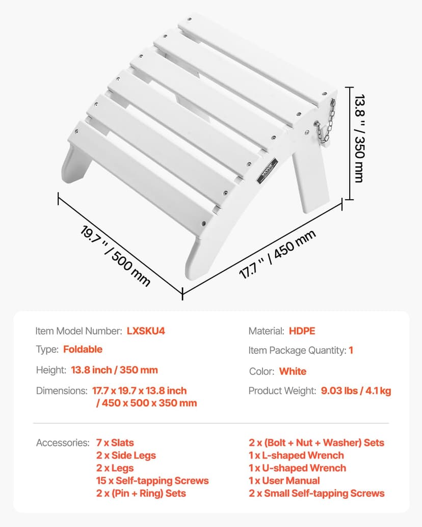 VEVOR Repose-pieds Pliable Adirondack, 450x500x350 mm, en PEHD, Résistant aux Intempéries pour Chaise Adirondack, Montage Facile, pour Extérieur, Patio, Porche, Piscine, Pelouse, Arrière-cour, Blanc - 7