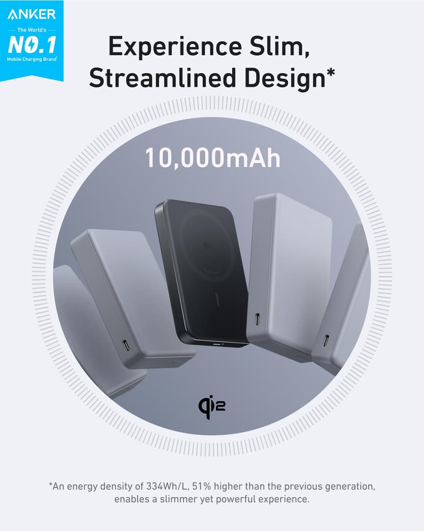 Anker MagGo Powerbank, Ultra Thin 10000mAh Magnetic Battery Pack, Qi2 Certified 15W Ultrafast MagSafe Compatible Portable Charger, Ergonomic Design, Only for iPhone16/15/14/13/12 Series - 2
