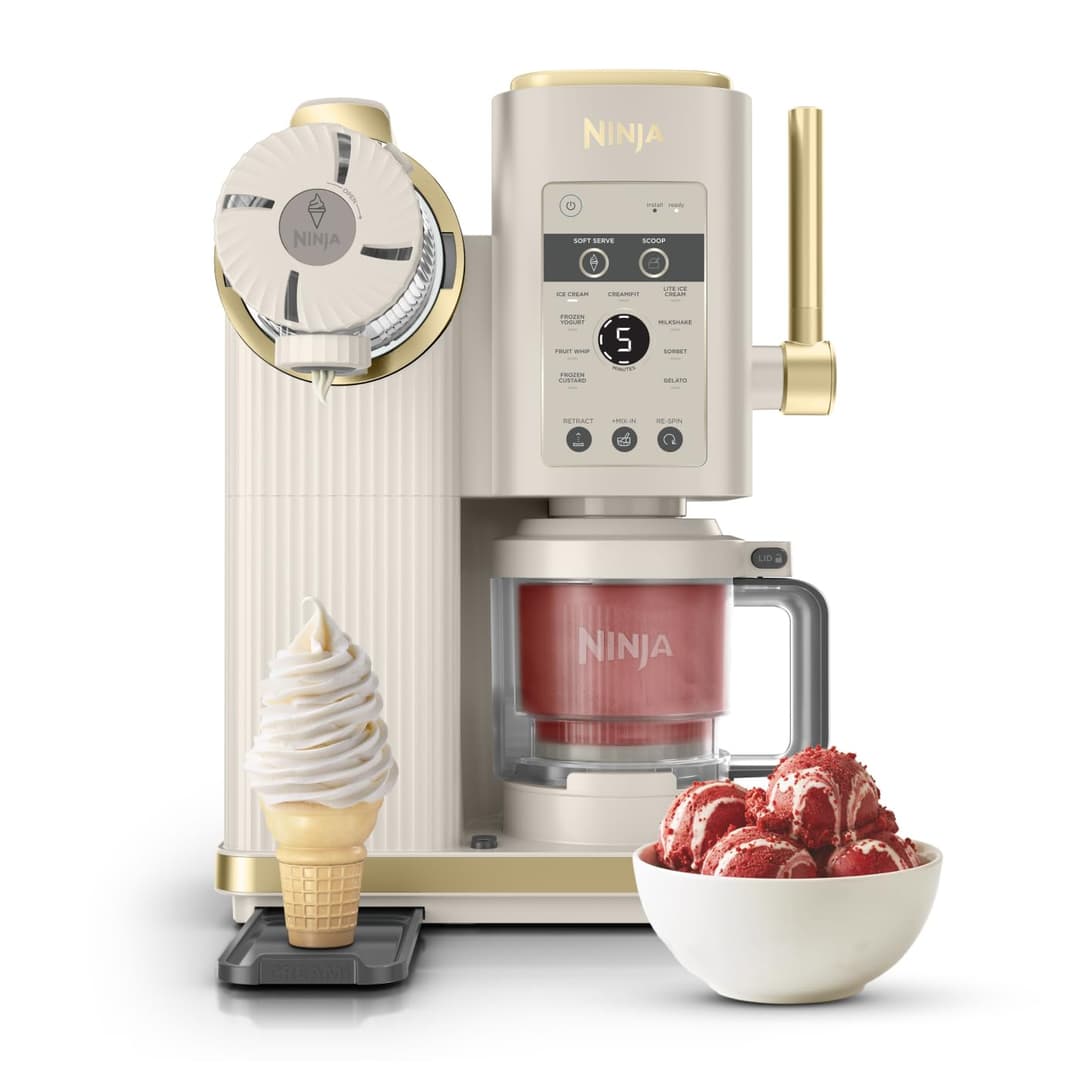 Ninja CREAMi Scoop & Swirl The 2-tub, 13-function ice cream maker prepares ice cream, creamy ice cream, jellies, smoothies and more, and features the option to add extras, stone/gold, NC701EUSTGD