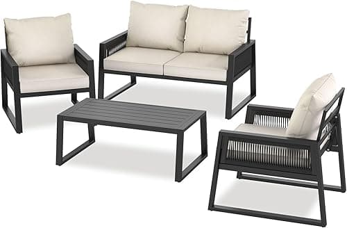 tectake® Set of 2 Garden Chairs in Modern Corded Design, Comfy Armchair Set with Durable Aluminium Frames, Thick Cushions & Adjustable Feet, Garden Furniture Set for Backyard, Balcony & Patio