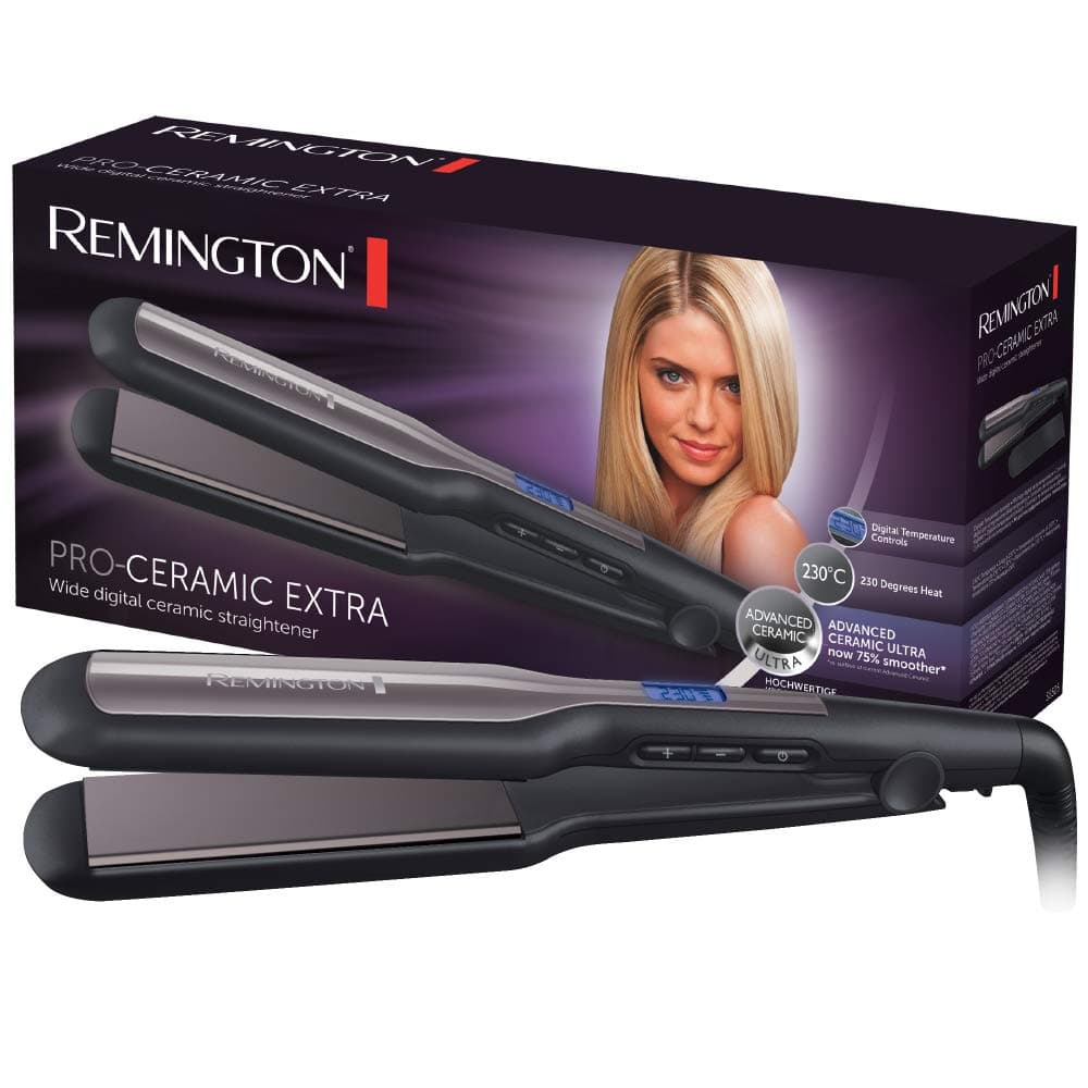 Remington Lisseur Cheveux [Plaques Larges 45mm] Pro-Ceramic Extra (Spécial cheveux épais, frisés, bouclés et longs | Céramique, Ecran LCD, 150-230°C, pochette) Fer à lisser S5525
