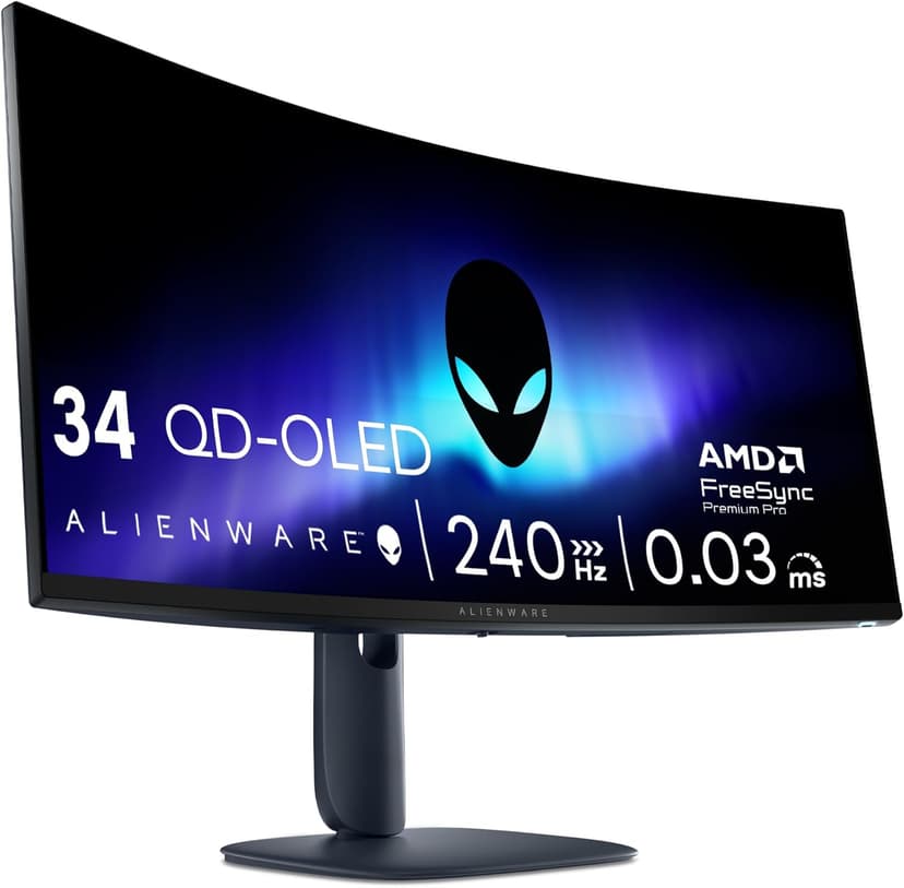 Alienware 34 Gaming Monitor - AW3425DW, WQHD (3440x1440), 21:9 1800R Curved, 240Hz, QD OLED, 0.03ms, NVIDIA G-SYNC Compatible, AMD FreeSync Premium Pro, HDR True Black 400, USB-C, 3 Year Warranty - 1
