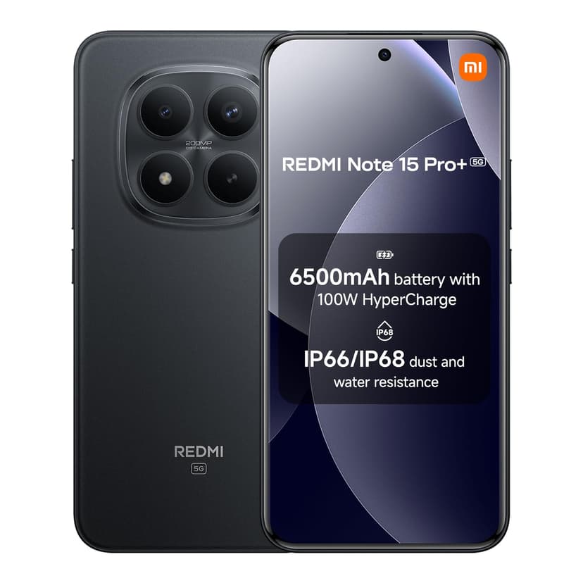 XIAOMI Redmi Note 15 Pro+ 5G, Smartphone 8+256 GB, Massive 6500mAh Battery, IP66/IP68, New 200MP Camera, 6.83" AMOLED Display, Black, Warranty 2 years, Charger Not Included - 1