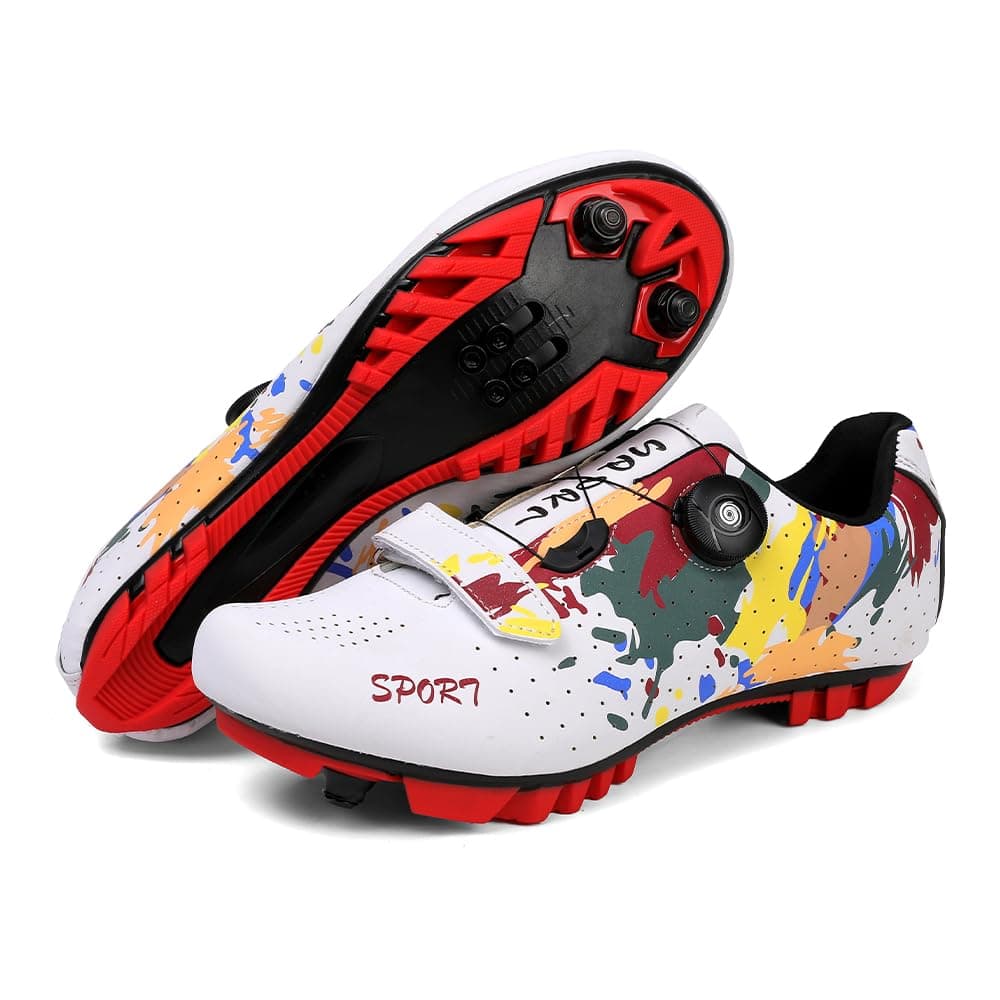Hixingo Chaussures de Cyclisme pour Femmes Hommes, Graffitis Colorés Impression Chaussures D'équitation sur Montagne, Crampons Respirantes Semelle Dure Chaussures de Vélo