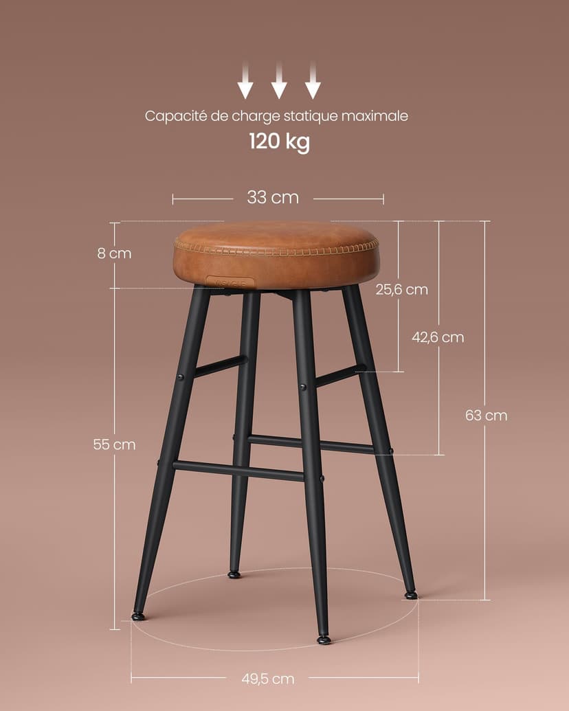 VASAGLE EKHO Collection - Tabouret de Bar, Lot de 2, Chaise de Cuisine, Haut, en PU avec Coutures, Style Moderne Mi-siècle, Hauteur Assise 63 cm, Cuisine, Bar, Montage Facile, Marron Caramel LBC080K01 - 8