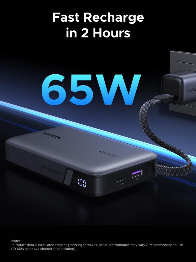 UGREEN Nexode 67W Power Bank Fast Charging 20000mAh with Built-in USB C Cable 3-Way Output Portable Charger 65W Input Battery Pack Compatible with Laptop, iPad, iPhone 17/16, Galaxy S25, Redmi, Poco - 7