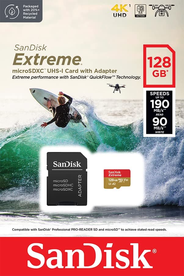 SanDisk 128 Go Extreme carte microSDXC pour caméras embarquées et drones + Adaptateur SD + RescuePRO Deluxe, jusqu'à 190 Mo/s, avec performances A2 App, UHS-I , Classe 10, U3, V30 - 6
