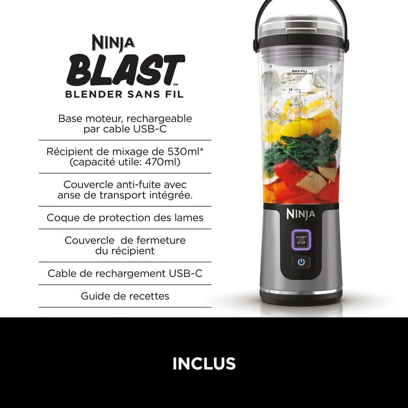 Ninja Blast BC151EUBK Portable Blender/Blender/Smoothie Maker, 530 ml Cup, Leak-proof Lid, Powerful Mini Stand Mixer, Wireless & Rechargeable, Crushes Ice & Fruit, Black - 2