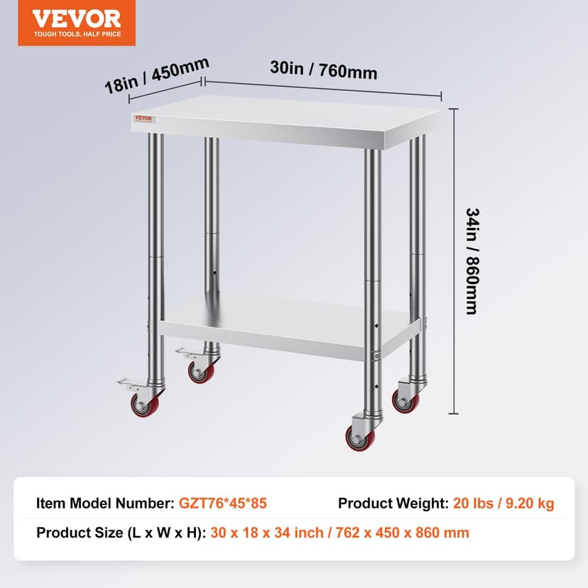 VEVOR Work Table 30 x 18 x 34 Inches Stainless Steel Catering Work Table 100 kg for Load Capacity Food Preparation Table Commercial Work Table for Kitchen Bar Restaurant 4 Adjustable Feet, Metallic - 7