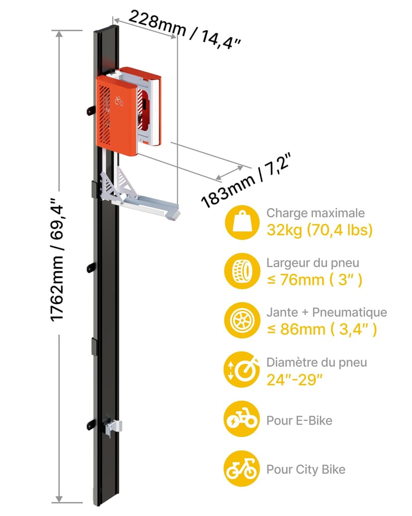 monTEK Automatic Bicycle Lift - Vertical Bicycle Rack for Heavy Bicycles (up to 32 kg) - Easy Assembly, Space Saving Wall Mount for Garage, Shed, Home - For 24-29 Inch Tyres, E-Bikes - 6
