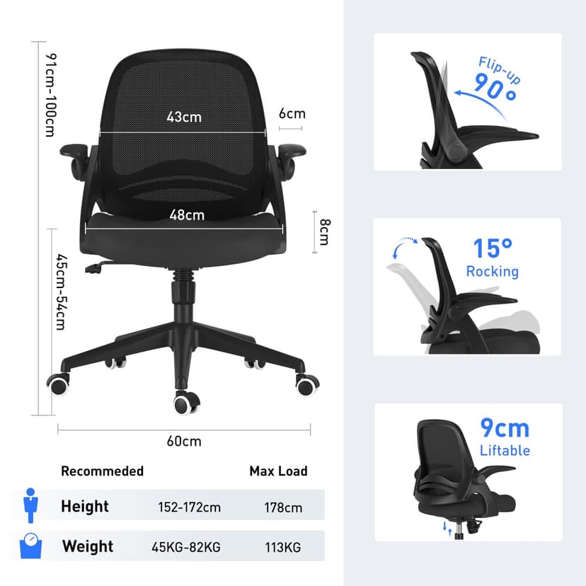 Hbada Office Chair Desk Chair Flip-up Armrest Ergonomic Task Chair Compact 120° Locking 360° Rotation Seat Surface Lift Reinforced Nylon Resin Base, White - 6