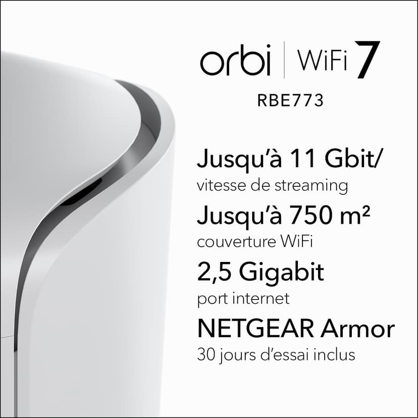 NETGEAR Orbi, Système Mesh WiFi 7, RBE773, 3-Pack, Jusqu'à 11 Gbps, Couvre jusqu'à 540 m², 100 appareils, 2.5GB Internet Port, Tri-Band BE11000, Compatible Murs épais et Toutes Box Internet - 2