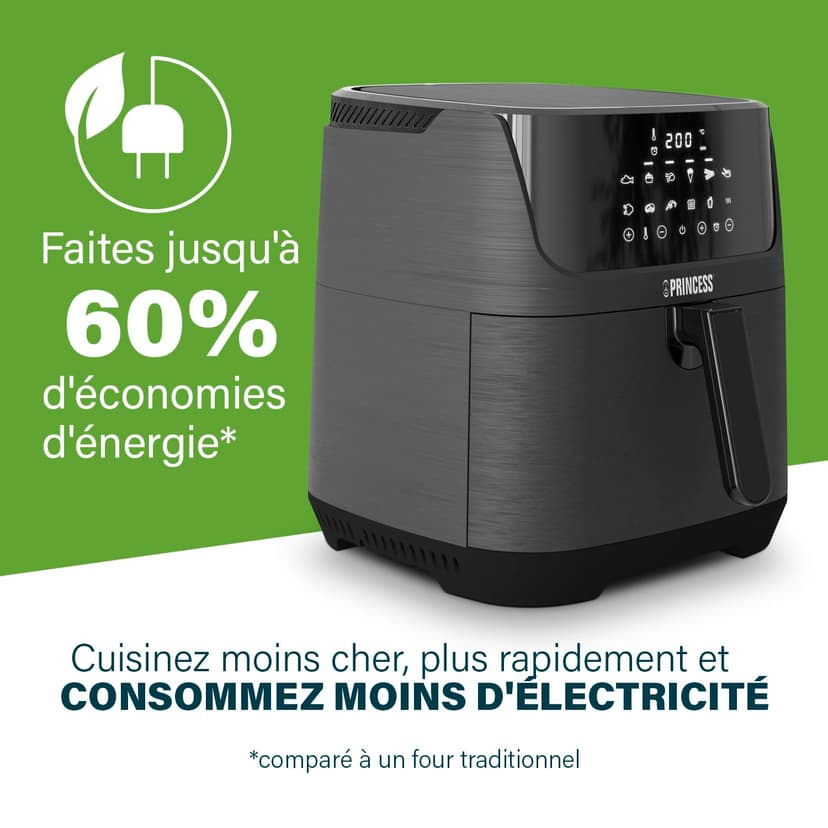 Princess Friteuse à Air Digitale 6,5 L avec Séparateur Amovible, 12 Programmes, Écran Tactile, Jusqu’à 60% d’Économie d’Énergie, Sans Huile, pour 1,5 kg Frites, Noire, 182061 - 3