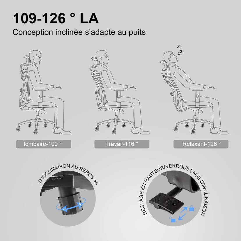 SIHOO Chaise de Bureau Ergonomique, Fauteuil de Pivotant en Maille Avoir Soutien Lombaire et Accoudoir Réglable, Capacité Maximal de 150 KG,Noir - 8