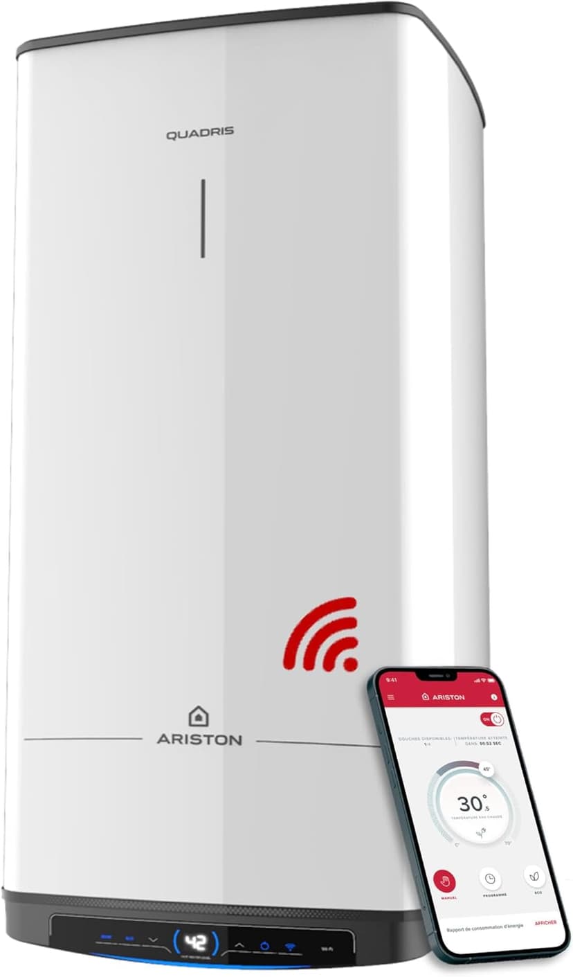 Ariston Quadris WiFi 100L, Chauffe Eau Électrique Compact, Intelligent, Connecté, Stéatite, 25% d'Économie d'Énergie, Eco Evo, Fabriqué en France, Gain de place jusqu'à 1m2 au sol - 1
