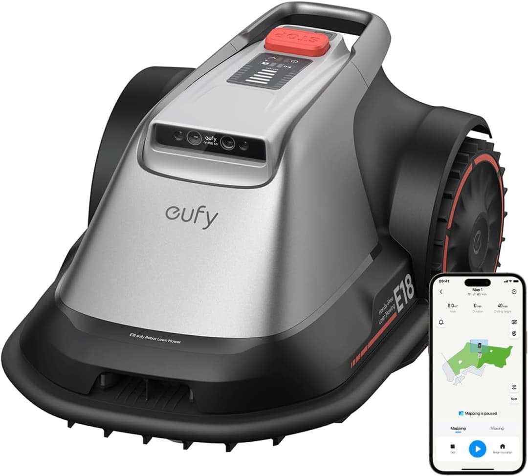 eufy E18 robot lawnmower, no cable, no RTK, no signal problem, automatic mapping, precise obstacle bypassing, mowing up to 1200 m², reliable maintenance, control via app
