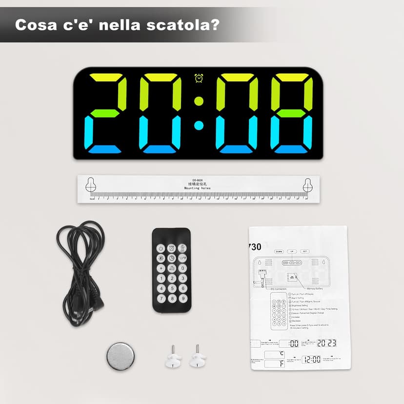 PiKaPiKaP RGB Digital Alarm Clock, 9.6 Inches Digital Wall Clock, USB Powered Alarm Clock with LED Display with Remote Control, 3 Alarm, 3 Inches Large Digit, Snooze, 12/24 Hours for Home Office - 6