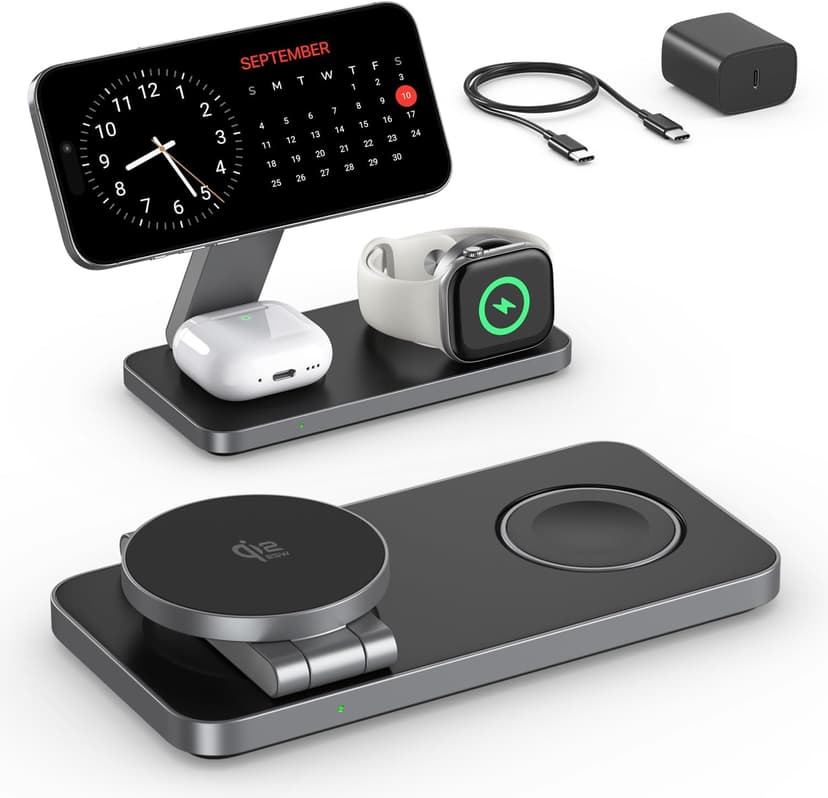 25w Wireless Charger with Mag-safe, Foldable 3-In-1 Charging Station for Iphone Air 17/16/15/14/13/12, Apple Watch, And Pro with Fast Adapter—Black - 1
