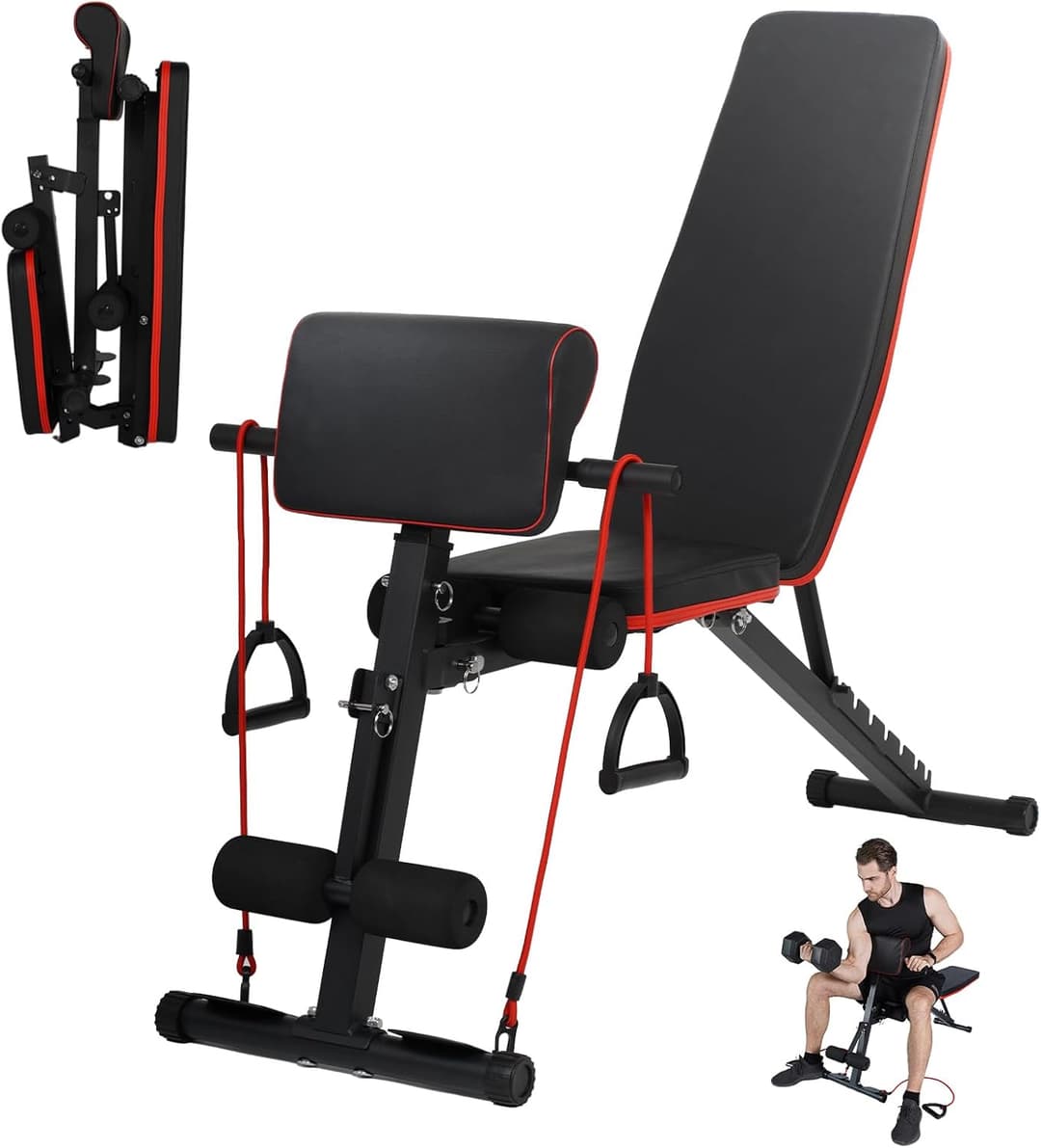 JINPALAY Folding and Adjustable Weight Bench with 7 Positions – Load 300 kg – Multifunctional Weight Bench with 2 Training Bands and Cushion for Biceps – Ideal for Home Training
