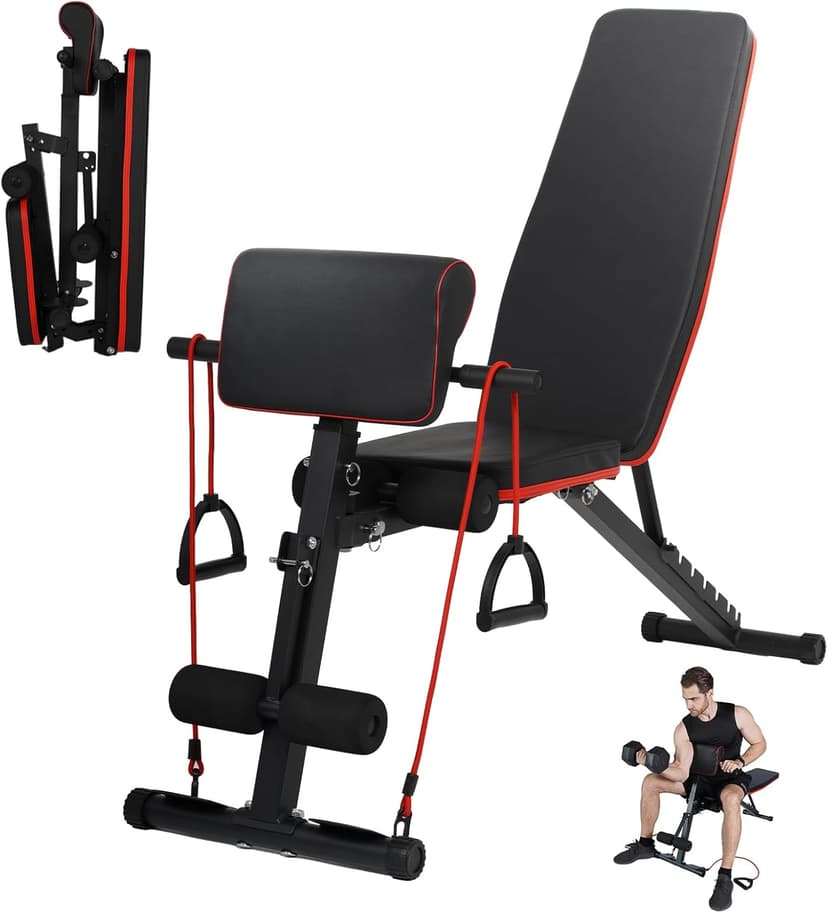 JINPALAY Folding and Adjustable Weight Bench with 7 Positions – Load 300 kg – Multifunctional Weight Bench with 2 Training Bands and Cushion for Biceps – Ideal for Home Training - 1